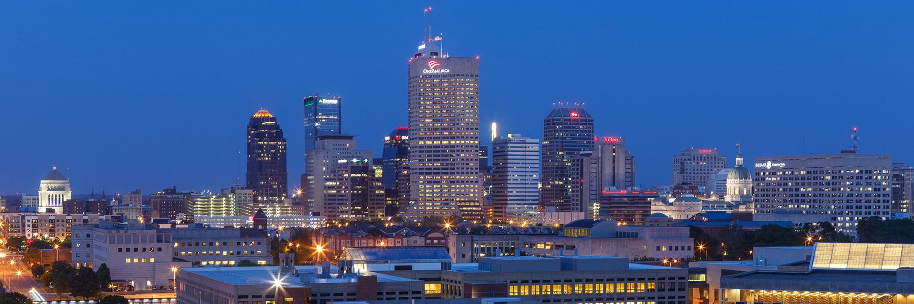 The Indianapolis skyline at night.
