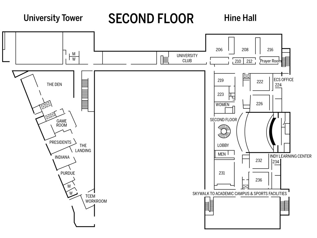 IU Indianapolis University Tower and Hine Hall floorplan - Second floor